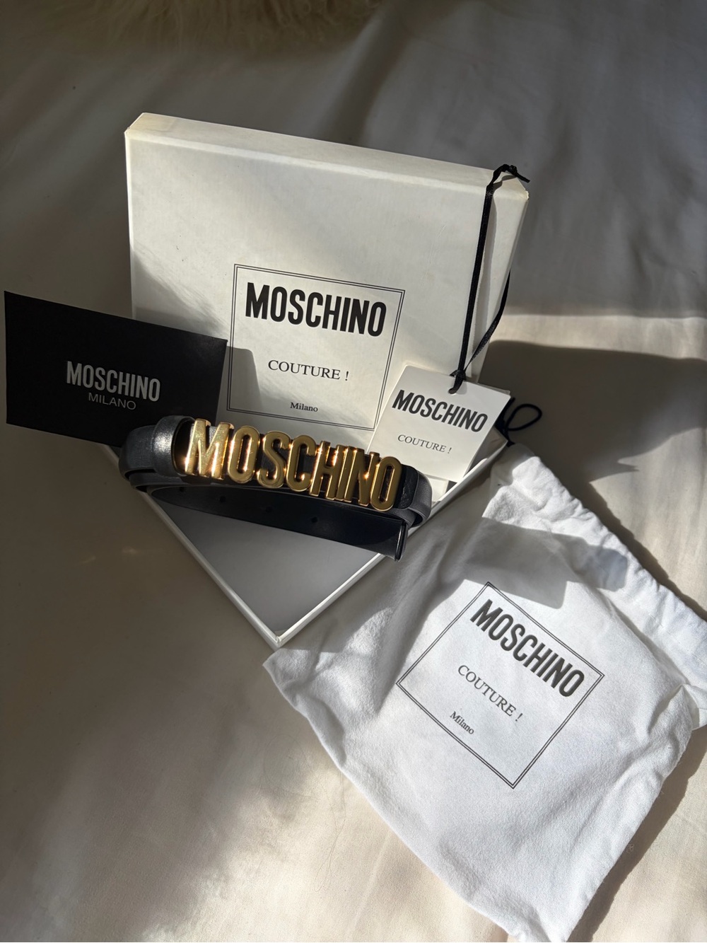 Moschino Black Leather Belt with Gold MOSCHINO Lettering